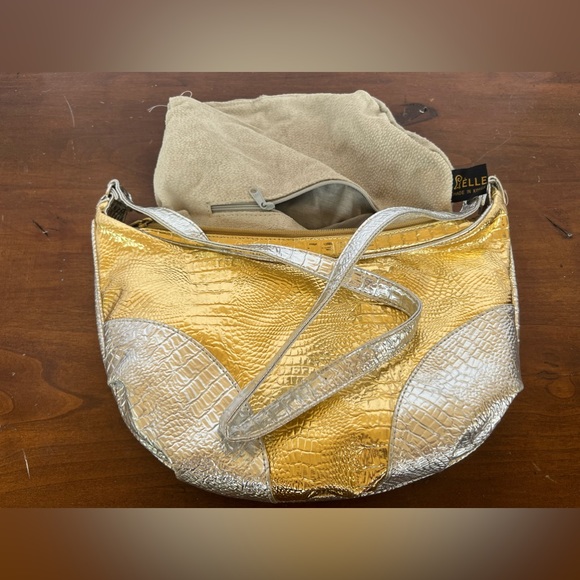 Pelle Gold & Silver Metallic Hobo Bag Made In Korea Croc Print Genuine Leather - Picture 3 of 5